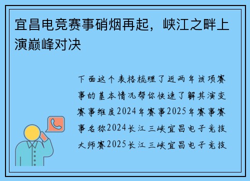 宜昌电竞赛事硝烟再起，峡江之畔上演巅峰对决